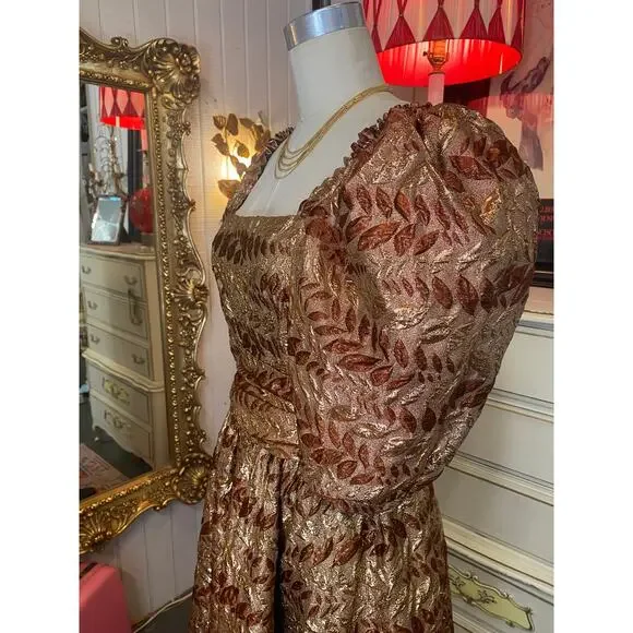 1970s rust and gold brocade formal gown puff sleeves jay jacks metallic ombre sm - Picture 5 of 10